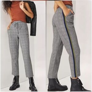 Anthropologie Maeve Bettie Tapered Plaid Trouser Side Stripe Black Pants SZ XS